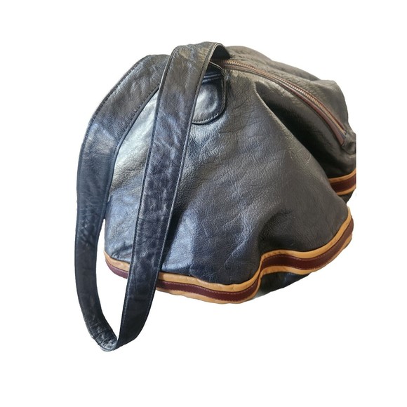 VINTAGE RARE 1970S B BARON BLUE Genuine Leather Handbag Women ROUND HIPPY BLUE - Picture 2 of 16